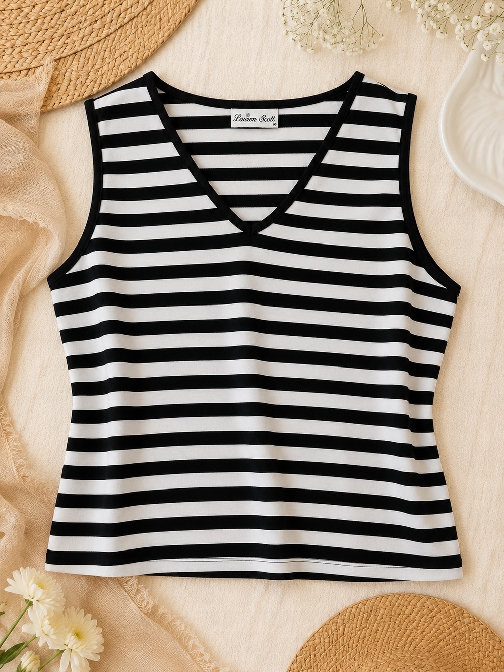Vintage Y2K Black White Striped Tank Top XL | Nautical Coquette Minimalist